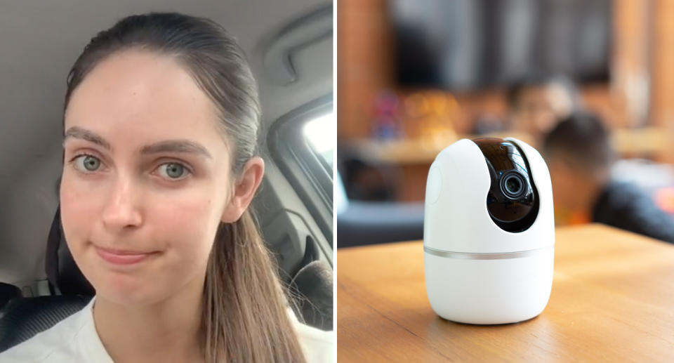 Left, Jazmyn Jennings can be seen talking to the camera in her car. Right, a spycams can be seen on the table inside a home.