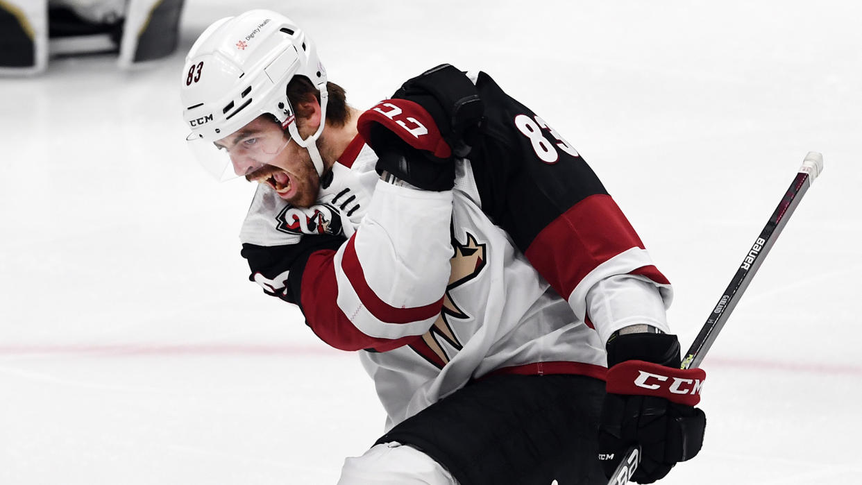 Conor Garland and Oliver Ekman-Larsson have been traded to the Vancouver Canucks for a bunch of bad contracts and a first-round pick. (Photo by John Cordes/Icon Sportswire via Getty Images)