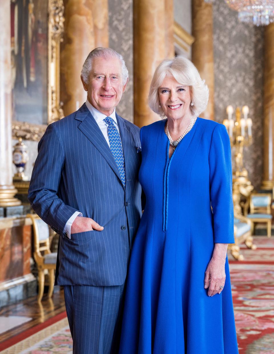 King Charles III and Camilla, Queen Consort, pose for a photo in Buckingham Palace ahead of the coronation.