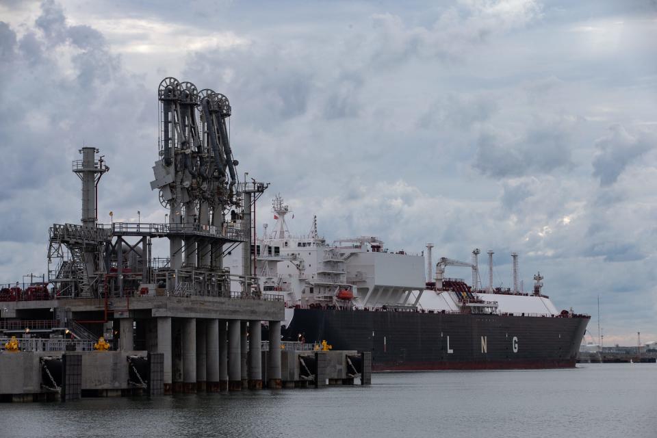 A liquefied natural gas ship is docked at Cheniere's Corpus Christi Liquefaction facility on Oct. 4, 2022, in San Patricio County, Texas.