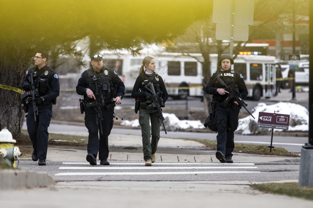 Police respond to the scene of a King Soopers grocery store after a shooting on March 22, 2021, in Boulder, Colorado.