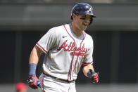 Atlanta Braves' Austin Riley rounds third base after hitting a solo home run during the second inning of a baseball game against the Cincinnati Reds, Saturday, July 2, 2022, in Cincinnati. (AP Photo/Jeff Dean)