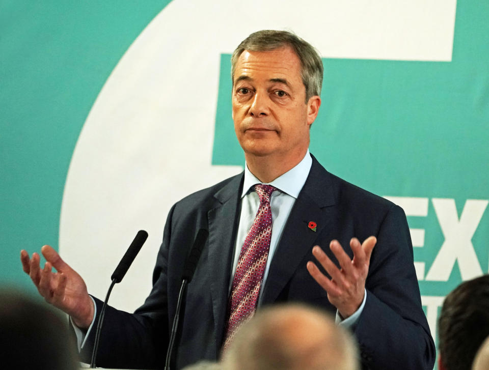 Brexit Party leader Nigel Farage speaking at the Best Western Grand Hotel in Hartlepool. (Photo by Owen Humphreys/PA Images via Getty Images)