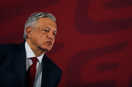 Mexican president Andres Manuel Lopez Obrador looks on during a news conference at National Palace in Mexico City