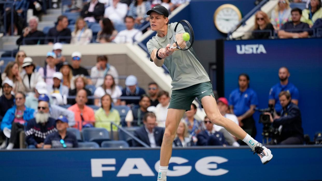 PHOTO:Jannik Sinner, of Italy, returns a shot to Taylor Fritz, of the United States, during the men's singles final of the U.S. Open tennis championships in New York, Sept. 8, 2024. (Seth Wenig/AP)