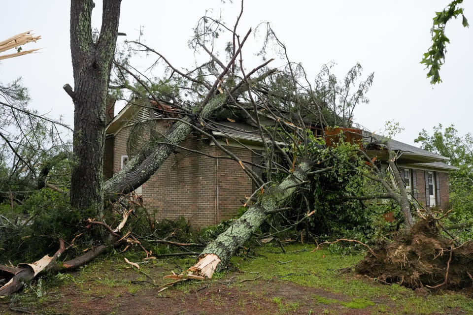 A storm damaged house is seen along Blackburn Lane, Thursday, May 9, 2024, in Columbia, Tenn. Severe storms tore through the central and southeast U.S., Wednesday, spawning damaging tornadoes, producing massive hail, and killing two people in Tennessee. (AP Photo/George Walker IV)