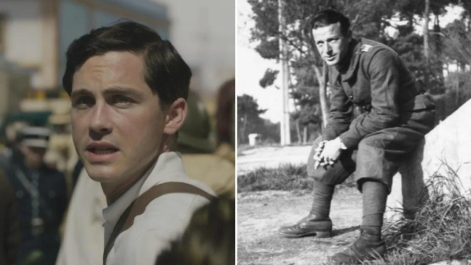From left to right: Logan Lerman who portrays Addy Kurc, and the real-life Addy Kurc (author Georgia Hunter’s grandfather) in the army in France Hulu/Courtesy of Georgia Hunter)