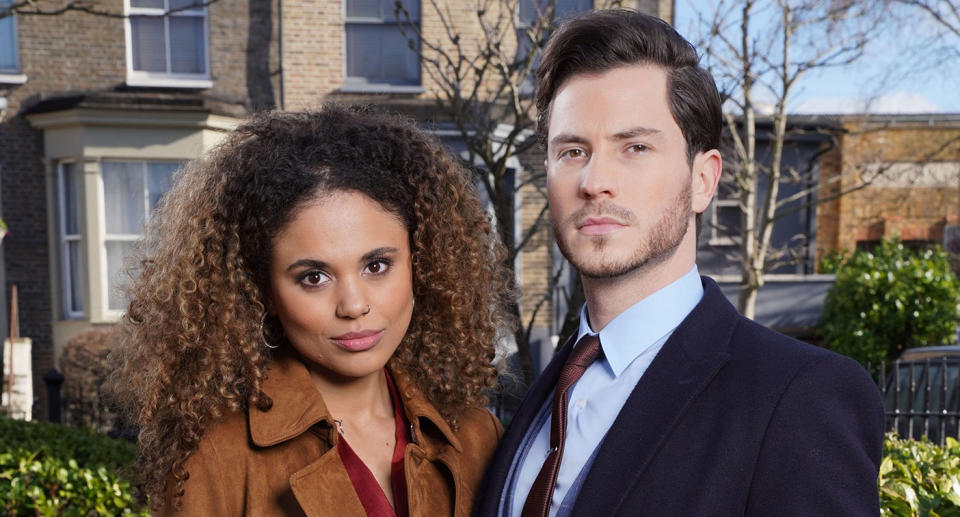 Chantelle Atkins (JESSICA PLUMMER) and Gray Atkins (TOBY-ALEXANDER SMITH) (BBC / Kieron McCarron)