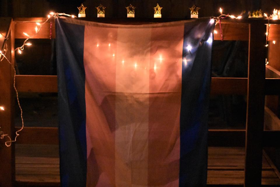 The transgender flag is seen on Nov. 22, 2022, at the Center Project house in Columbia, Mo.