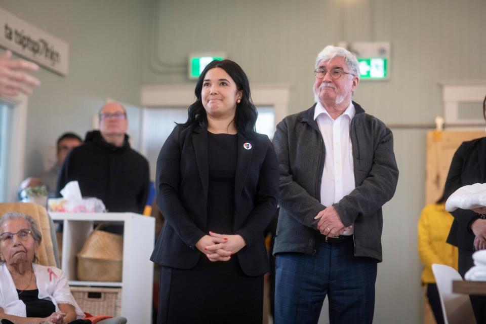 Victoria Jung and Christopher Richardson of the Vancouver School Board are pictured while being honoured during the opening of the Squamish Language Nest, formally known as the Yellow School House, on Squamish Nation land near North Vancouver, B.C on Friday March 8, 2024. 