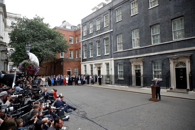 British PM Johnson speaks at Downing Street