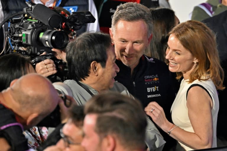 Christian Horner with his wife, former Spice Girl Geri Halliwell and Red Bull majority shareholder, Thai businessman Chalerm Yoovidhya (left) in Bahrain (Andre Isakovich)