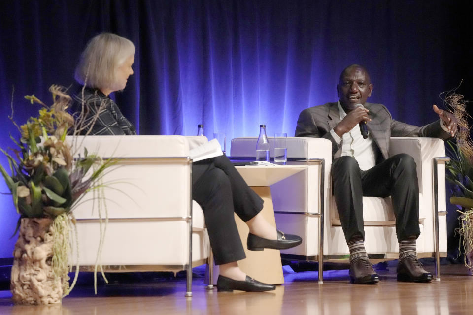 Kenyan President William Ruto, right, speaks with Meg Whitman, United States Ambassador to Kenya, during a U.S.- Kenya Business Roadshow hosted by Prosper Africa, a U.S. Trade and Investment Initiative, in San Francisco, Friday, Sept. 15, 2023. (AP Photo/Jeff Chiu)