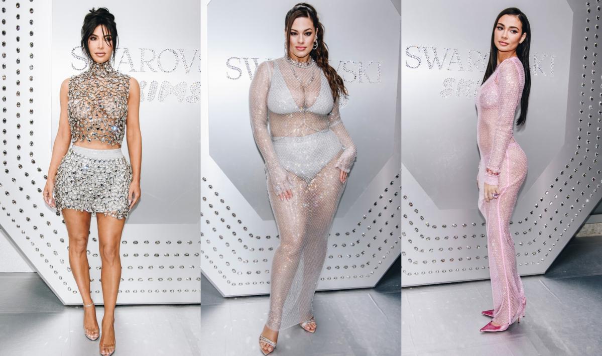 Kim Kardashian Shines In A Barely-There Sheer Crystal Top For Skims X  Swarovski Red Carpet Event - SHEfinds