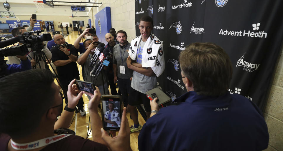 Former Auburn player Jabari Smith talks to the media following a pre-draft workout with the Orlando Magic at Amway Center, on Thursday, June 9, 2022. The Orlando Magic have the No. 1 overall pick in the upcoming June 23rd NBA Draft. Smith is the first of three major prospects the team plans to work out in the coming days/weeks. (Ricardo Ramirez Buxeda/Orlando Sentinel via AP)