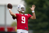 Indianapolis Colts quarterback Jacob Eason throws during practice at the NFL team's football training camp in Westfield, Ind., Saturday, July 31, 2021. (AP Photo/Michael Conroy)