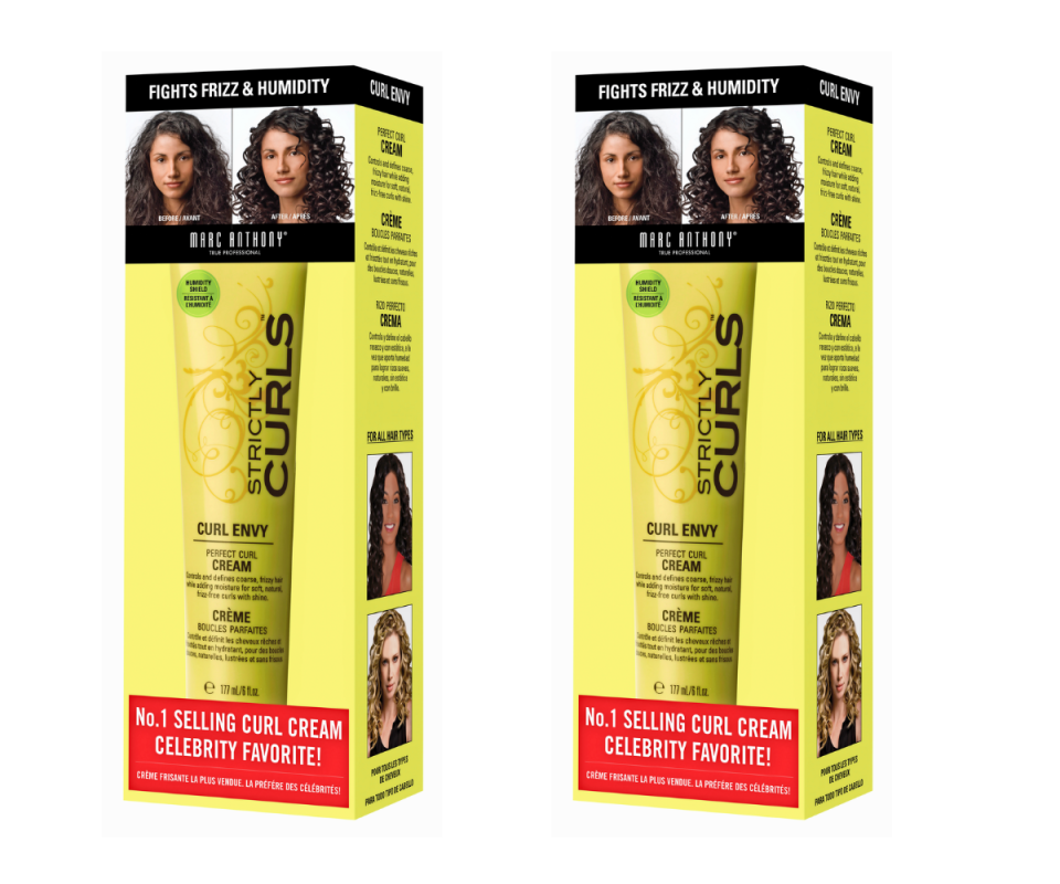 Two yellow packets of Marc Anthony's Strictly Curls Curl Envy Perfect Curl Cream.