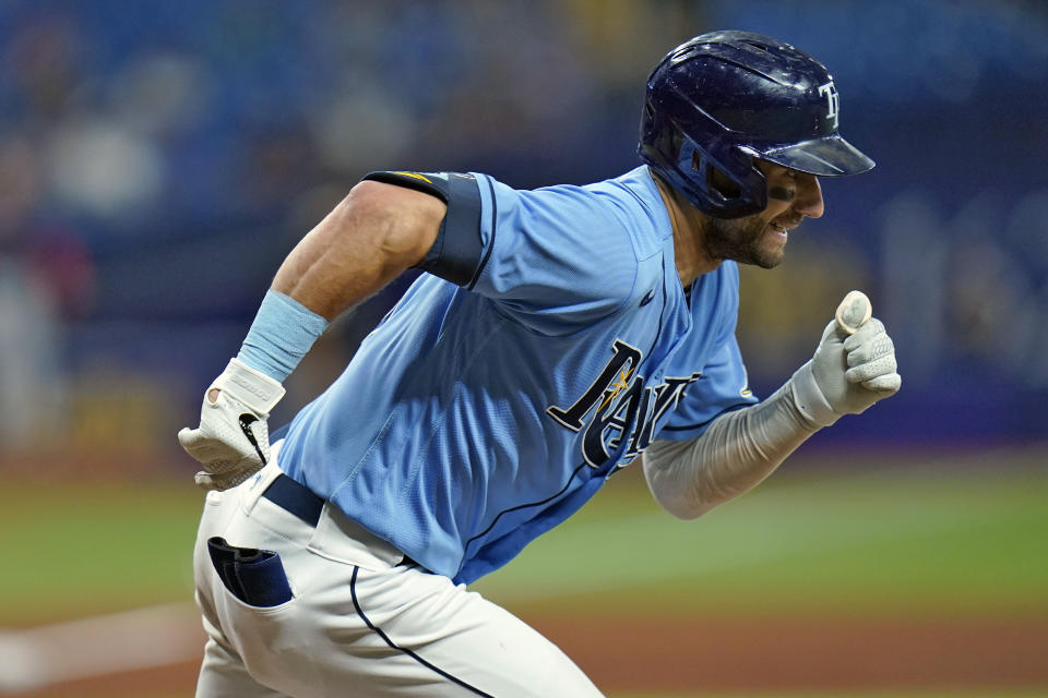 Tampa Bay Rays' Kevin Kiermaier runs the bases after his double off Boston Red Sox relief pitcher Darwinzon Hernandez during the eighth inning of a baseball game Thursday, June 24, 2021, in St. Petersburg, Fla. (AP Photo/Chris O'Meara)