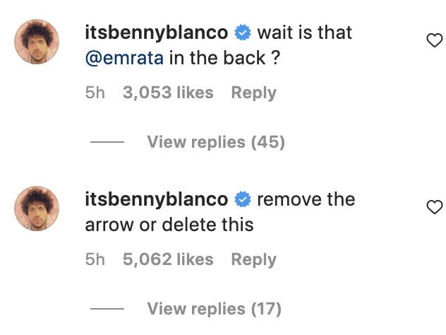 A screenshot of Benny Blanco's comments on Eric André's February 14 Instagram post.