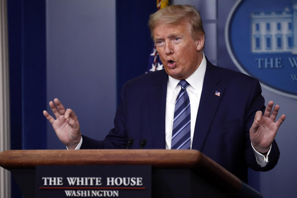 President Donald Trump speaks about the coronavirus in the James Brady Press Briefing Room of the White House, Tuesday, April 21, 2020, in Washington. (AP Photo/Alex Brandon)