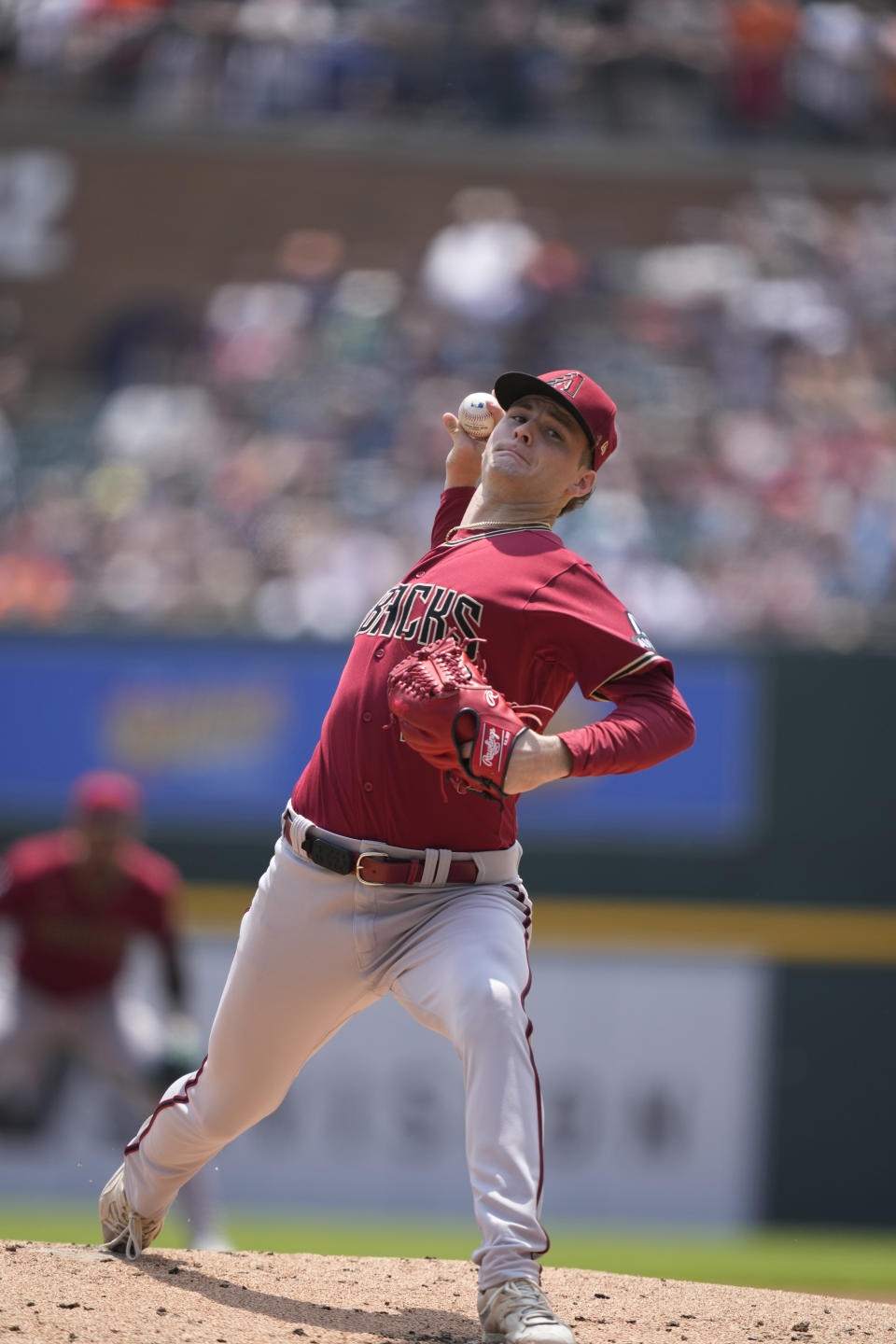 Arizona Diamondbacks starting pitcher Ryne Nelson throws during the first inning of a baseball game against the Detroit Tigers, Saturday, June 10, 2023, in Detroit. (AP Photo/Carlos Osorio)