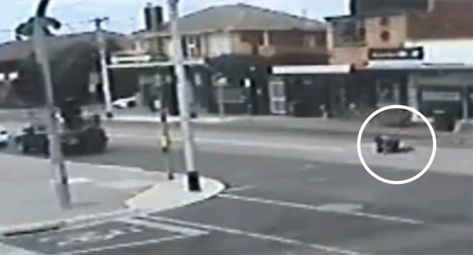 The Toyota pulled over to the side of the road, while the pair lay on the ground after being hit. Source: Victoria Police