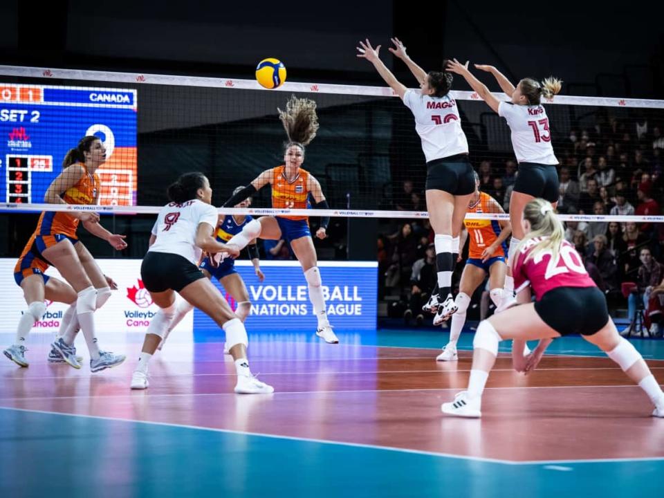 Canada's women's indoor volleyball squad concluded its 2022 Volleyball Nations League preliminary round campaign with a 4-8 record after a 3-1 loss to the Netherlands on Sunday in Calgary.  (volleyballworld.com - image credit)