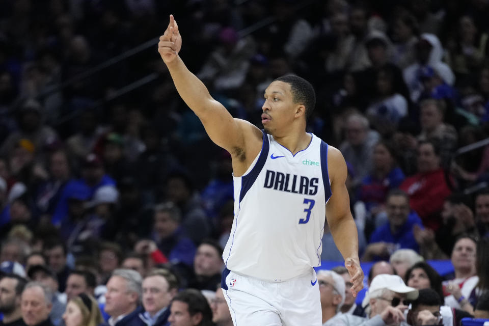 Dallas Mavericks' Grant Williams reacts during the second half of an NBA basketball game against the Philadelphia 76ers, Monday, Feb. 5, 2024, in Philadelphia. (AP Photo/Matt Rourke)