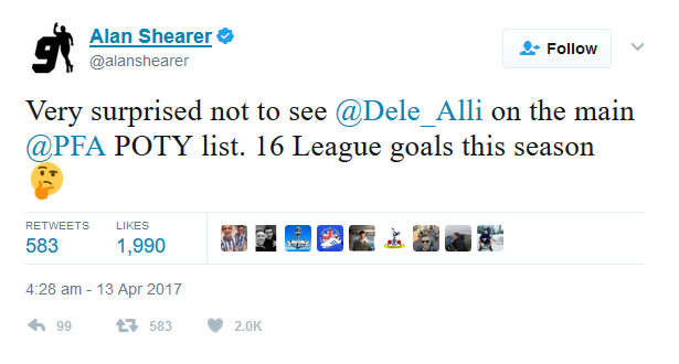 Alan Shearer tweets about Dele Alli