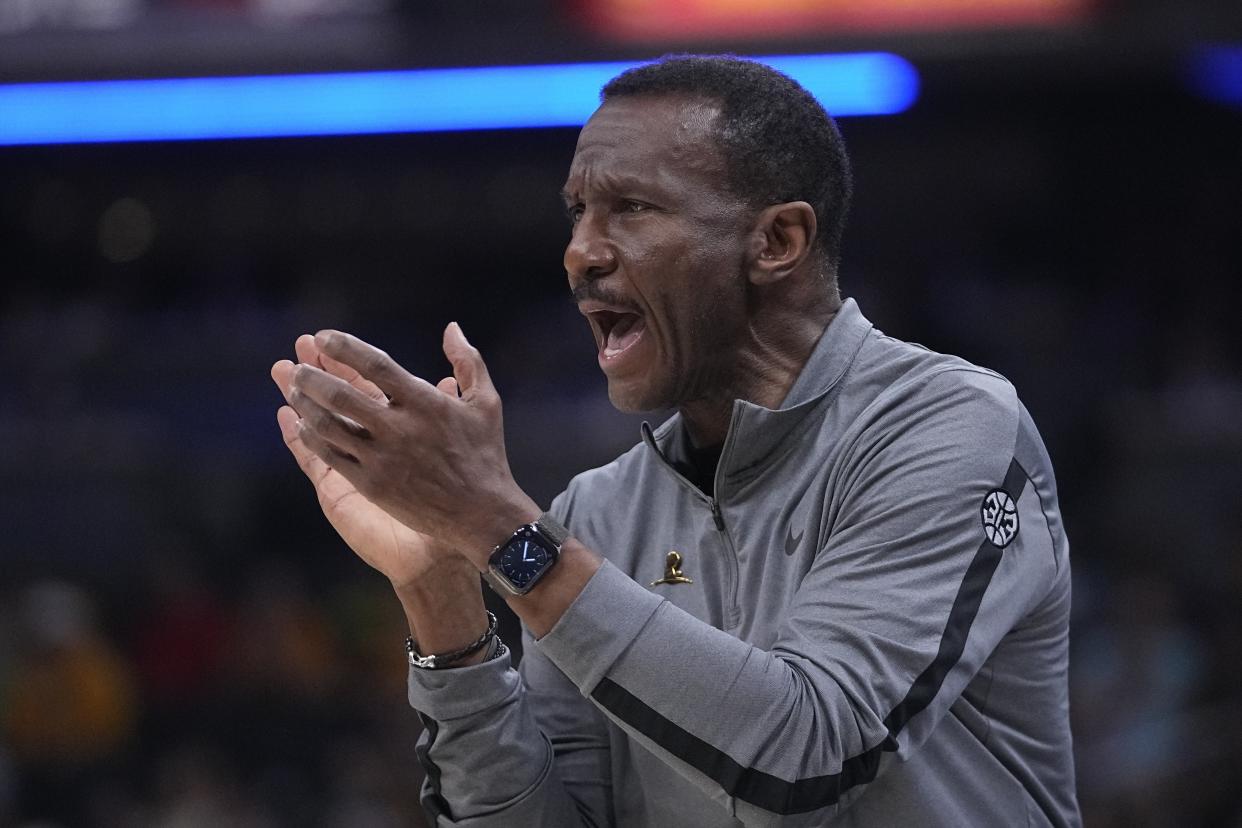 Detroit Pistons coach Dwane Casey during the first half of the team's game against the Indiana Pacers on April 7, 2023, in Indianapolis, (AP Photo/Darron Cummings)