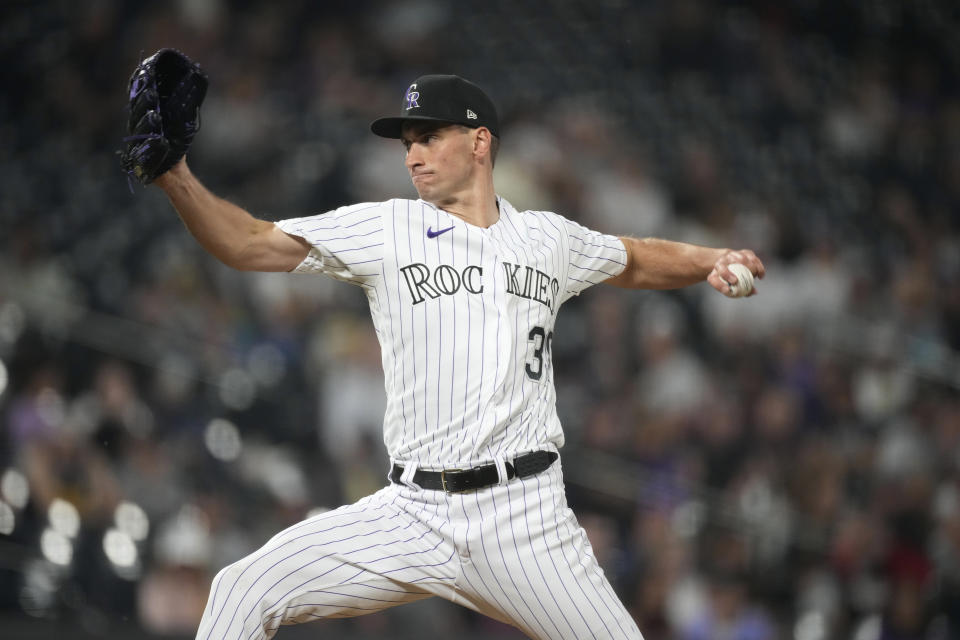 Colorado Rockies relief pitcher Brent Suter works against the Miami Marlins during the eighth inning of a baseball game Tuesday, May 23, 2023, in Denver. (AP Photo/David Zalubowski)