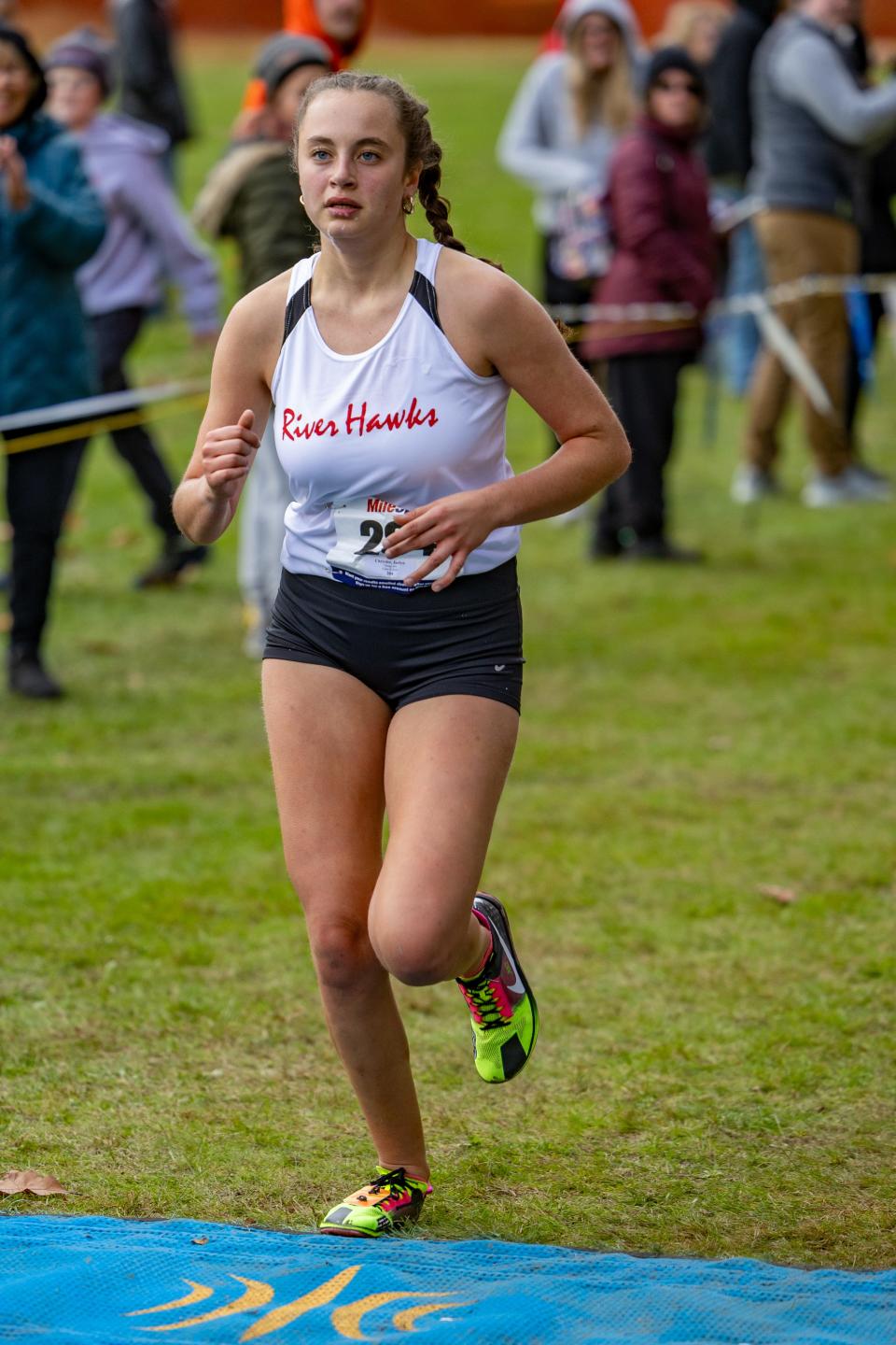 Jaelyn Chrysler of Owego wins the Section 4 Class B girls cross country championship and qualifies for the state championship round Nov. 2, 2023 at Chenango Valley State Park.