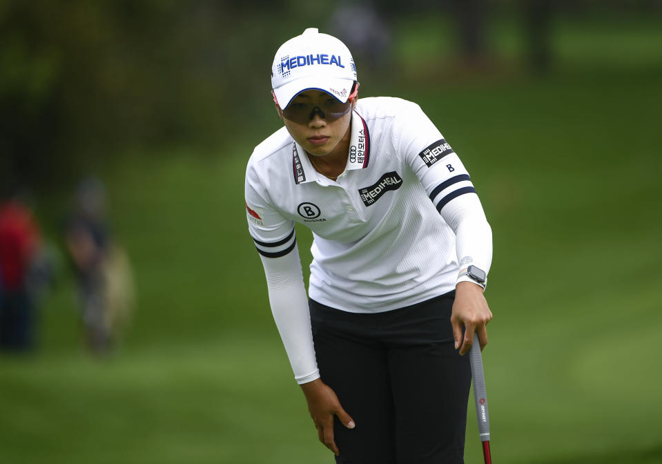 Na Rin An, of South Korea, prepares for a putt on the green of the 18th hole during the second round of the CP Women's Open golf tournament Friday, Aug. 26, 2022, in Ottawa, Ontario. (Justin Tang/The Canadian Press via AP)