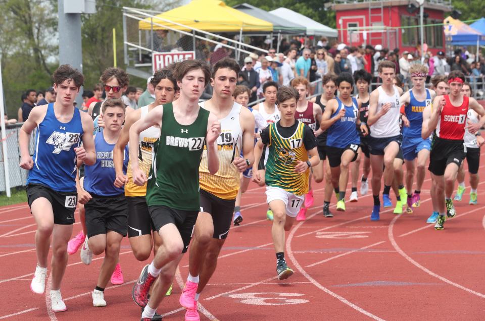 The start of one of the heats of the boys mile during the Somers Lions Club Joe Wynne Invitational track and field meet at Somers High School May 4, 2024.