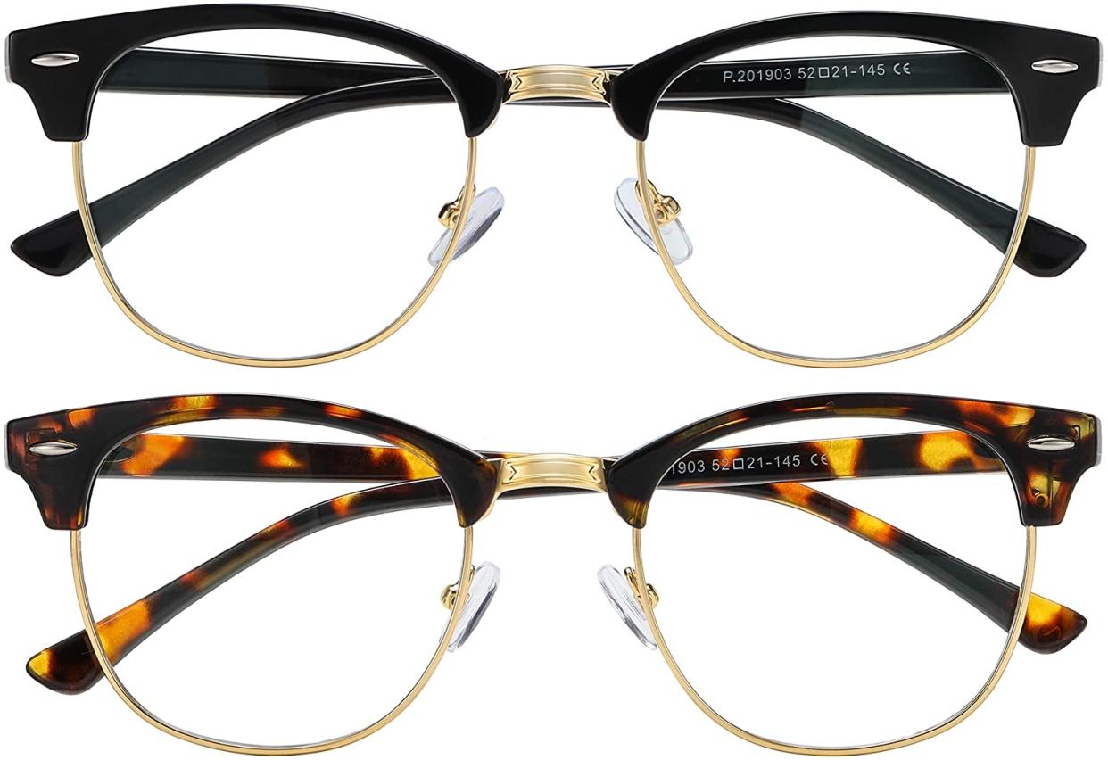 AIMISUV two pairs of semi-rimmed blue light glasses in black and brown tortoise shell, blue light glasses