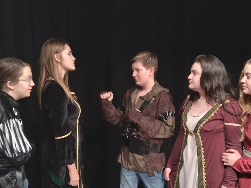 Olympia Middle School students practice a scene from 'Robin Hood' that opens Jan. 29.Pictured from left:
Ava Crebo, Bella Gallanos, Tristen Rotholtz, Isabelle Stivers and Natalie Collins.
