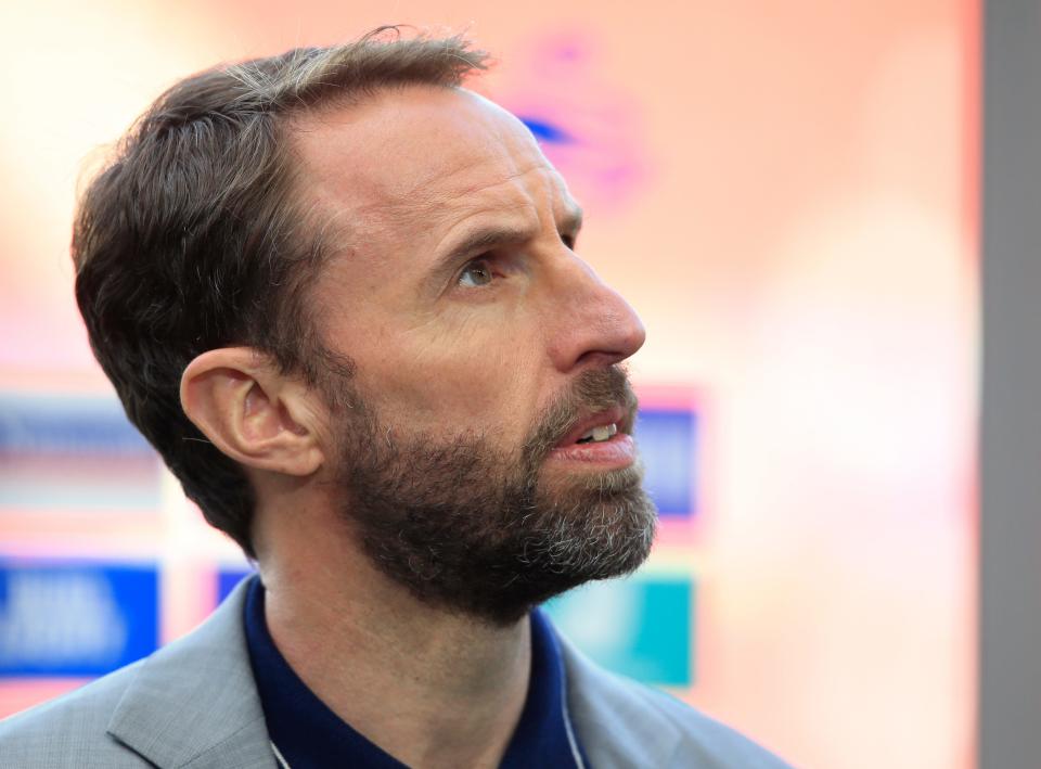 England coach Gareth Southgate stands on the side of the pitch before the international friendly soccer match between England and Austria at the Riverside stadium in Middlesbrough, England,
