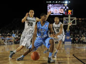 CORONADO, CA - NOVEMBER 11: Dexter Strickland #1 of the North Carolina Tar Heels dribbles past Travis Trice #20 and Brandon Wood #30 of the Michigan State Spartans during the Quicken Loans Carrier Classic on board the USS Carl Vinson on November 11, 2011 in Coronado, California. (Photo by Harry How/Getty Images)