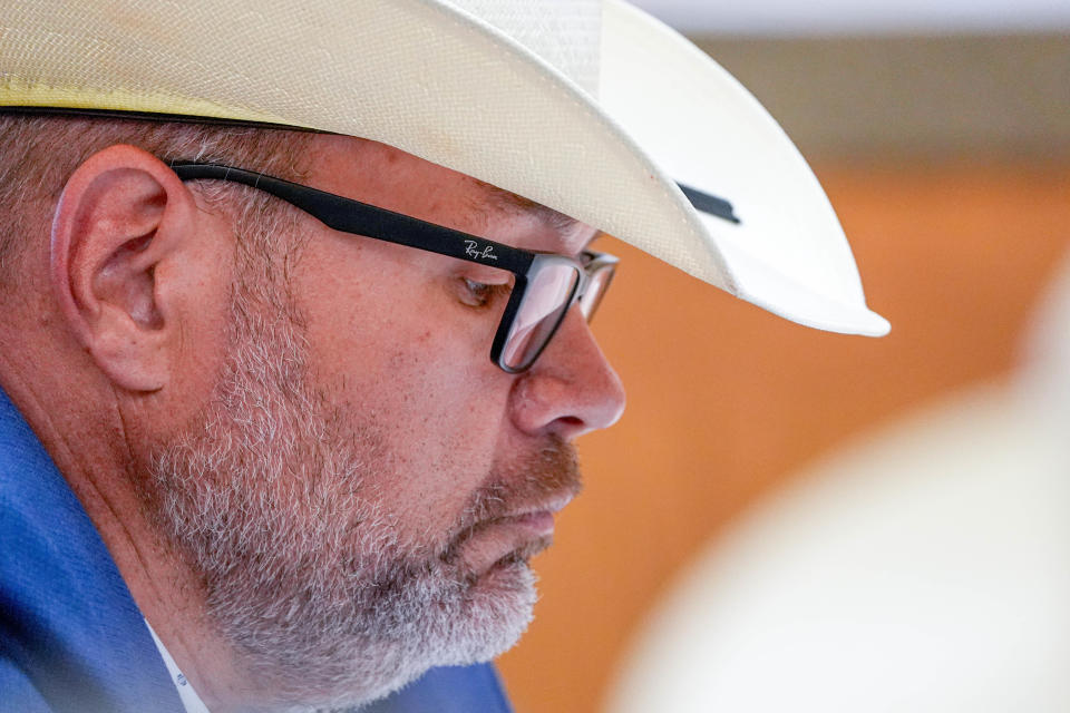 Sheriff Chris Amason presents a budget during a meeting at the Cleveland County Office Building in Norman, Okla., on Monday, June 17, 2024.