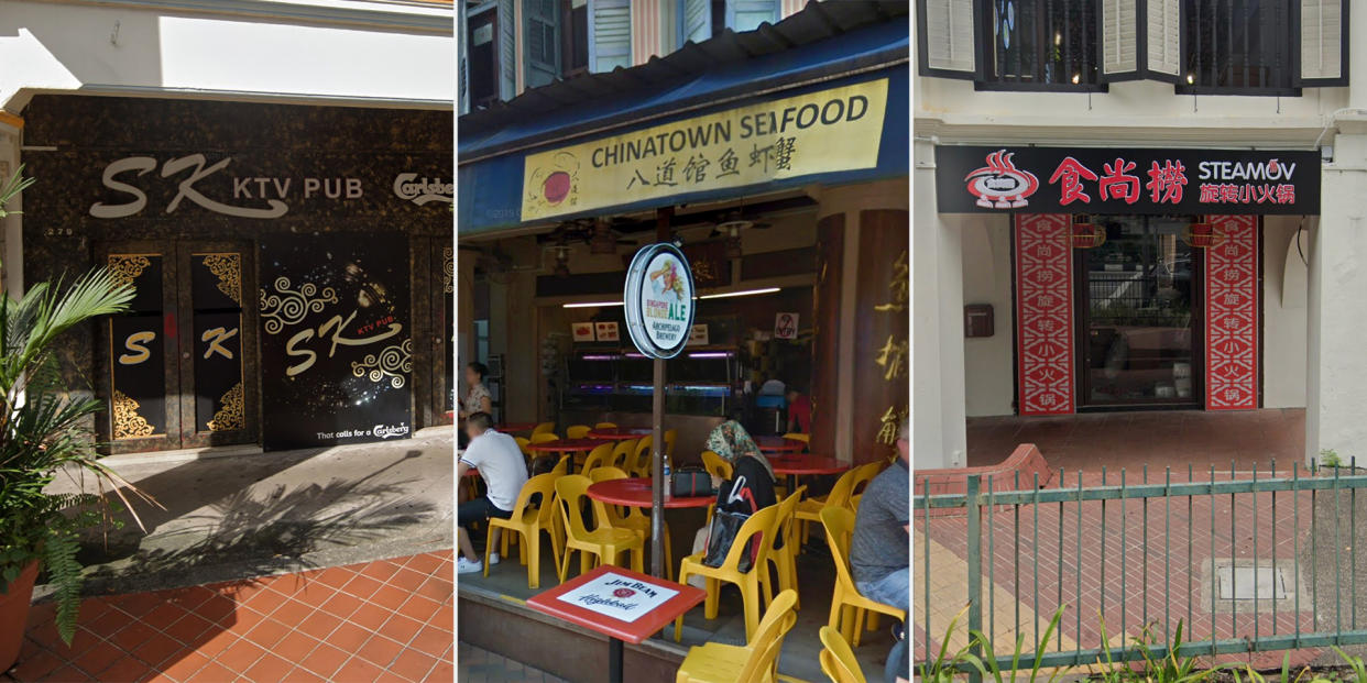 (From left) SK Karaoke Pub, Chinatown Seafood and Steamov were among the nine F&B establishments penalised for breaching current Safe Management Measures. (PHOTOS: Google Street View screengrabs)