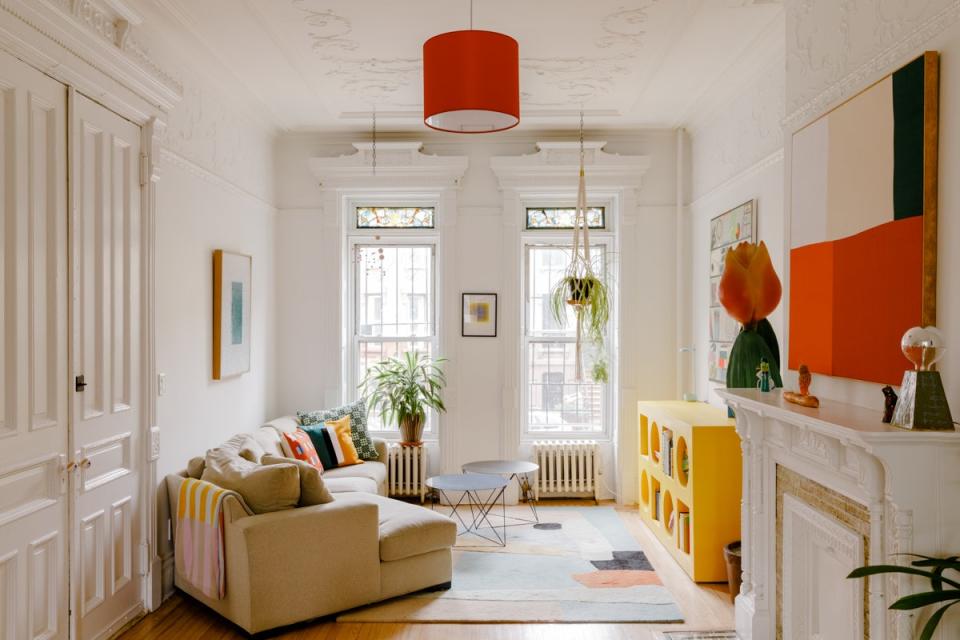 Designer Ellen Van Dusen’s living room, which she has begun using as her studio during COVID-19 self-isolation.