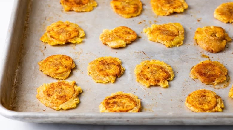 Tostones on cookie sheet