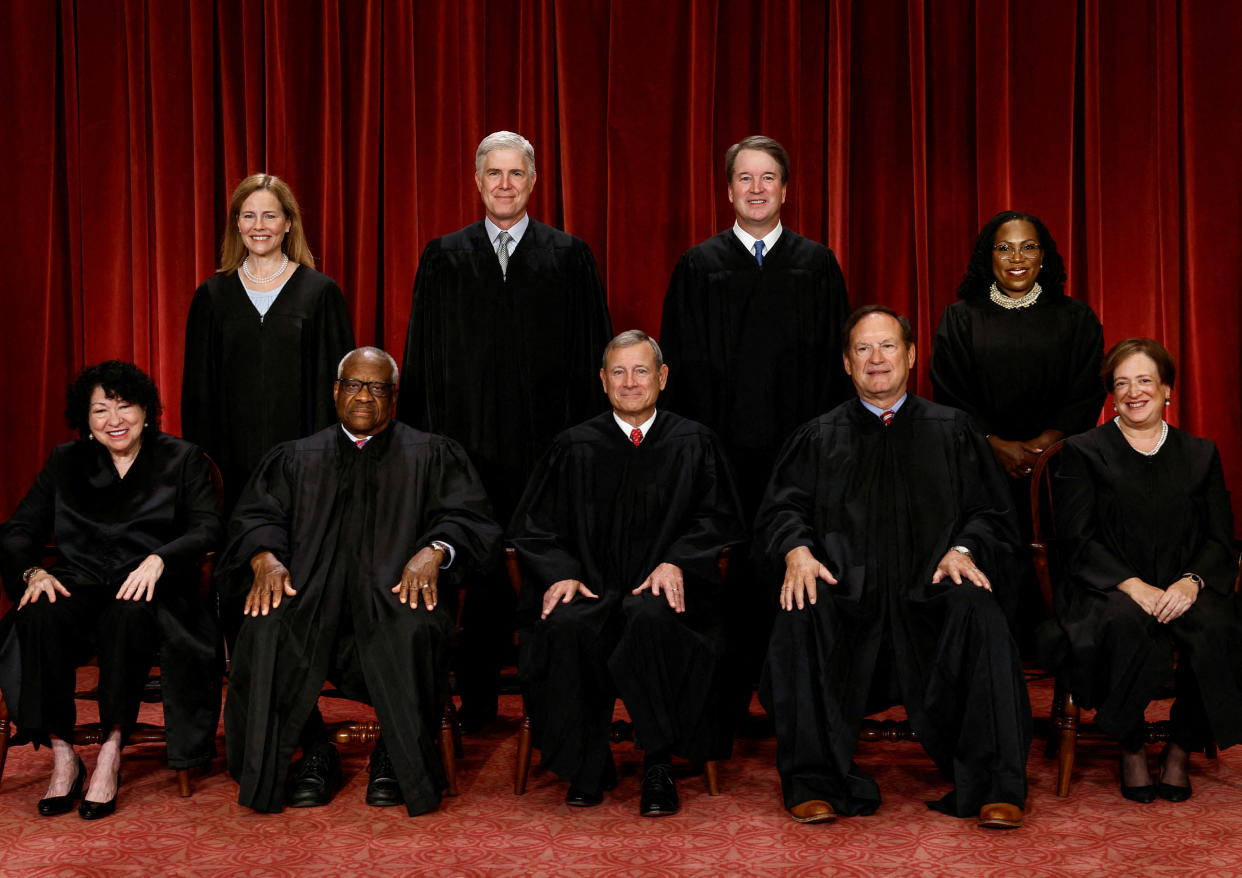 U.S. Supreme Court justices pose for their group portrait at the Supreme Court in 2022. Seated, from left: Justices Sonia Sotomayor, Clarence Thomas, Chief Justice John G. Roberts, Samuel A. Alito and Elena Kagan. Standing, from left: Justices Amy Coney Barrett, Neil M. Gorsuch, Brett M. Kavanaugh and Ketanji Brown Jackson.