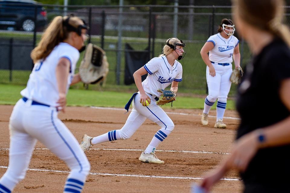 Van Meter's Maddie Waldorf pitches during a game against Pleasantville on Wednesday, May 31, 2023.