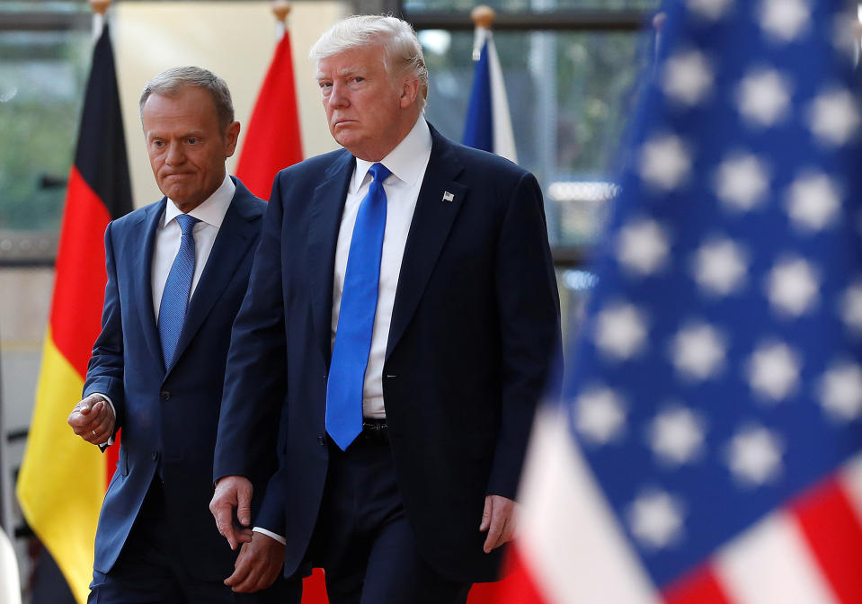<p>President Donald Trump (R) walks with the President of the European Council Donald Tusk in Brussels, Belgium, May 25, 2017. (Photo: Francois Lenoir/Reuters) </p>