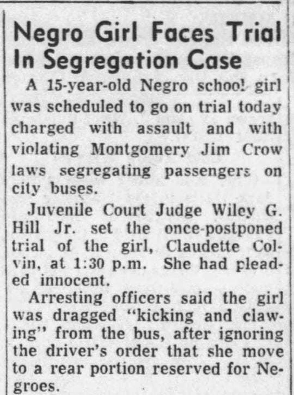 A Montgomery Advertiser article on Claudette Colvin from March 18, 1955.