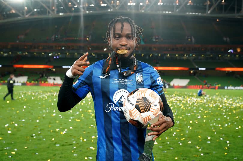 Atalanta's Ademola Lookman celebrates with the match ball and the Man of the Match award after the UEFA Europa League final at the Aviva Stadium, Dublin