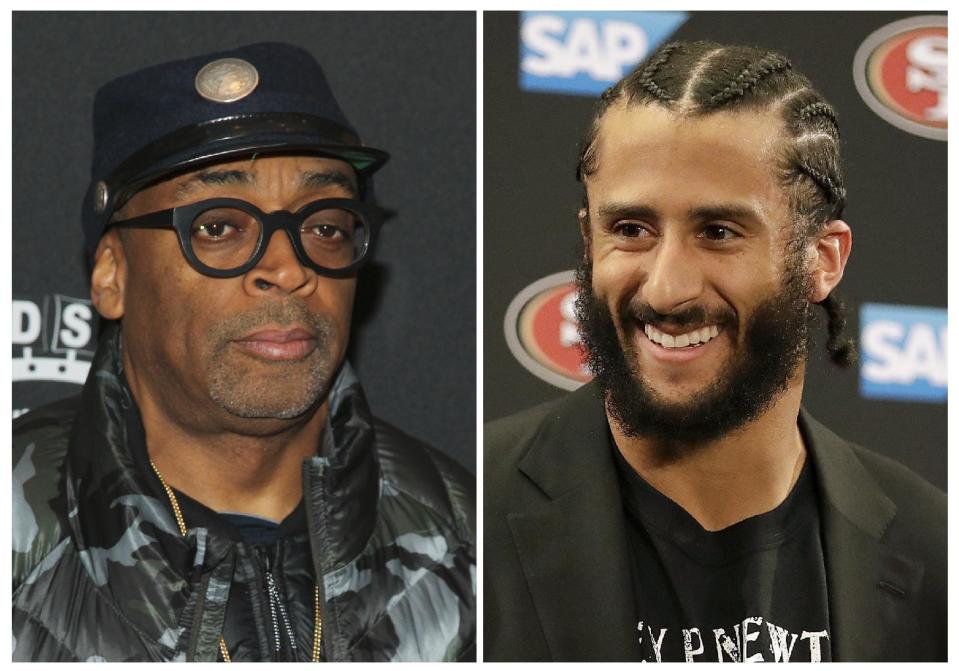 FILE - In this combination photo, director Spike Lee, left, appears at the premiere of "Touched With Fire" on Feb. 10, 2016, in New York and San Francisco 49ers quarterback Colin Kaepernick appears at a news conference on Jan. 1, 2017, after an NFL football game against the Seattle Seahawks in Santa Clara, Calif. Lee says it's "fishy" that Kaepernick has remained an NFL free agent. On an Instagram post, Sunday, March 19, 2017, Lee questioned what crime Kaepernick has committed. He says the quarterback's lack of suitors "smells mad fishy to me." Kaepernick's season-long protest of the "Star Spangled Banner" ahead of 49ers games became a topic of national debate last season. (AP Photo/Files)