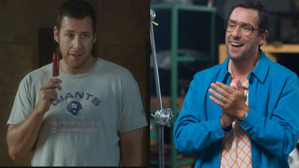 Adam Sandler in Funny People (L) and in Sandy Wexler