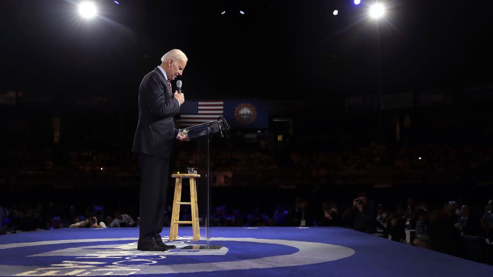 In this February 2020 photo, then-Democratic presidential candidate Joe Biden speaks during the 100 Club Dinner at SNHIU in Manchester, New Hampshire. - Scott Olson/Getty Images